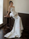 Strapless Sheath Column Satin Ruched Wedding Dress