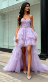 Sweetheart Tulle High Low Purple Beading Prom Dress