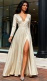 V Neck Long Sleeve A Line Champagne Sequin Prom Dress