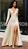 V Neck Long Sleeve A Line Champagne Sequin Prom Dress