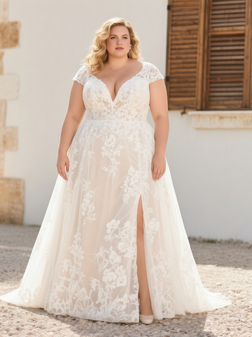 V Neck Lace Plus Size Cap Sleeve Wedding Dress With Slit