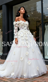 Long Sleeves Tulle Flowers Off The Shoulder Wedding Dress