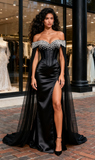 Beading Satin Black Off The Shoulder Prom Dress With Slit