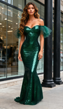 Short Sleeve Trumpet Mermaid Dark Green Sequin Prom Dress