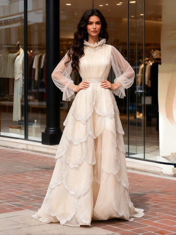 Long Sleeve High Neck Ruffles A Line Champagne Prom Dress