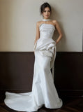 Strapless Sheath Column Satin Ruched Wedding Dress