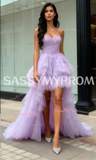 Sweetheart Tulle High Low Purple Beading Prom Dress