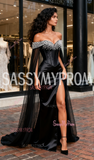 Beading Satin Black Off The Shoulder Prom Dress With Slit