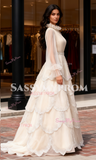 Long Sleeve High Neck Ruffles A Line Champagne Prom Dress