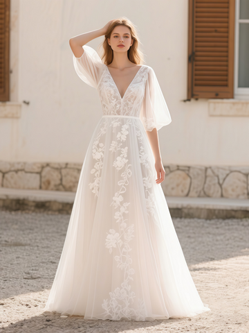 Tulle V Neck Lace Half Sleeve A Line Wedding Dress