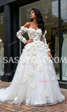 Long Sleeves Tulle Flowers Off The Shoulder Wedding Dress