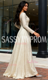 V Neck Long Sleeve A Line Champagne Sequin Prom Dress