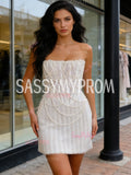 Short Mini Pearls Strapless Sheath Column White Prom Dress