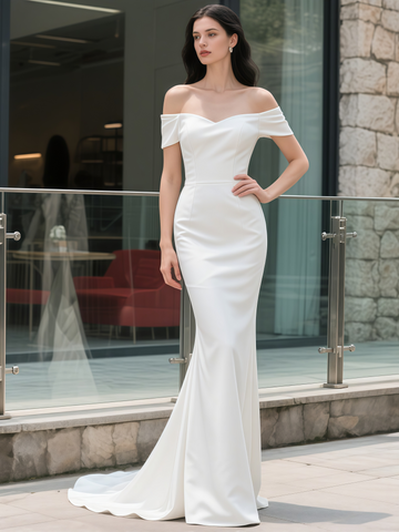 Off The Shoulder Satin Trumpet Mermaid Elegant Wedding Dress