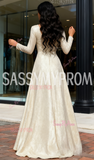 V Neck Long Sleeve A Line Champagne Sequin Prom Dress