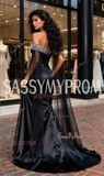 Beading Satin Black Off The Shoulder Prom Dress With Slit