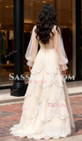 Long Sleeve High Neck Ruffles A Line Champagne Prom Dress