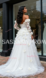 Long Sleeves Tulle Flowers Off The Shoulder Wedding Dress