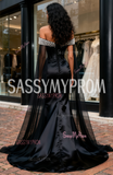 Beading Satin Black Off The Shoulder Prom Dress With Slit