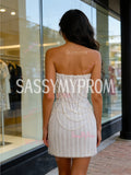Short Mini Pearls Strapless Sheath Column White Prom Dress