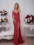 Trumpet Mermaid Red Sequin Spaghetti Straps Prom Dress With Slit