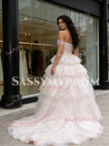 Off The Shoulder Appliques Ruffles Pink Tulle Prom Dress