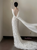 Trumpet Mermaid Simple V Neck Lace Wedding Dress