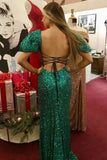 Sequin Square Backless Emerald Green Mermaid Prom Dress