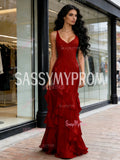 V Neck Sheath Column Chiffon Burgundy Ruffles Prom Dress