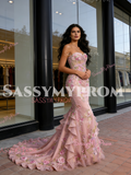 Trumpet Mermaid Floral Strapless Tulle Ruffles Prom Dress