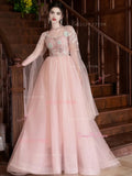 Pink Tulle Beading Flowers Long Sleeves Prom Dress