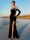 Beading Tassel Trumpet Mermaid Long Sleeve Black Prom Dress With Slit