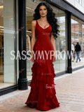 V Neck Sheath Column Chiffon Burgundy Ruffles Prom Dress
