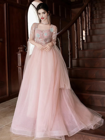 Pink Tulle Beading Flowers Long Sleeves Prom Dress Custom Made Pink Tulle Beading Flowers Long Sleeves Prom Dress Custom Made