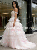 Off The Shoulder Appliques Ruffles Pink Tulle Prom Dress