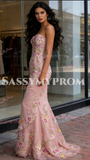 Trumpet Mermaid Floral Strapless Tulle Ruffles Prom Dress