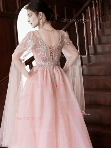 Pink Tulle Beading Flowers Long Sleeves Prom Dress Sassymyprom Pink Tulle Beading Flowers Long Sleeves Prom Dress Sassymyprom