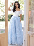 Feather A Line Blue Short Sleeve Prom Dress