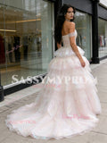 Off The Shoulder Appliques Ruffles Pink Tulle Prom Dress
