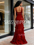 V Neck Sheath Column Chiffon Burgundy Ruffles Prom Dress