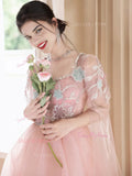 Pink Tulle Beading Flowers Long Sleeves Prom Dress