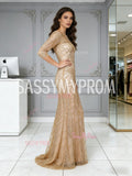 Scoop Trumpet Mermaid Gold Sequin Tulle Sparkle Prom Dress