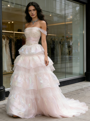 Off The Shoulder Appliques Ruffles Pink Tulle Prom Dress