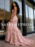 Trumpet Mermaid Floral Strapless Tulle Ruffles Prom Dress