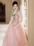 Pink Tulle Beading Flowers Long Sleeves Prom Dress