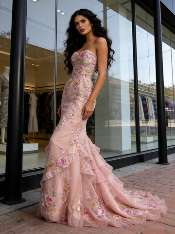 Trumpet Mermaid Floral Strapless Tulle Ruffles Prom Dress