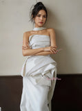 Strapless Sheath Column Satin Ruched Wedding Dress