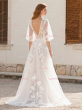 Tulle V Neck Lace Half Sleeve A Line Wedding Dress