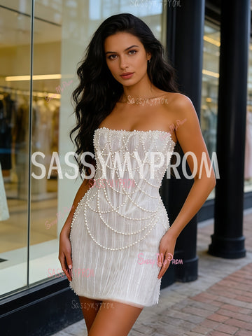 Short Mini Pearls Strapless Sheath Column White Prom Dress