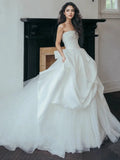 A Line Satin Ruched Strapless Tulle Beading Wedding Dress